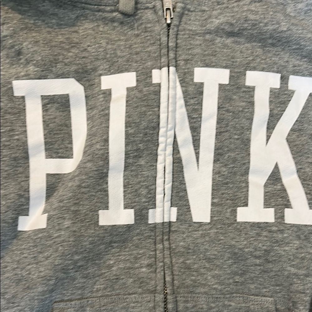 PINK XS Victoria's Secret Gray and White Zip Up hooded sweatshirt - Picture 2 of 4